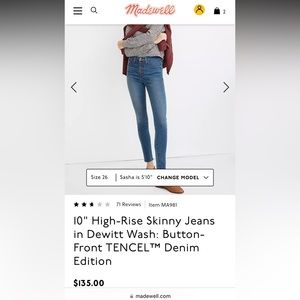 10" High-Rise Madewell Skinny Jeans in Dewitt Wash: Button-Front TENCEL™ Size 25